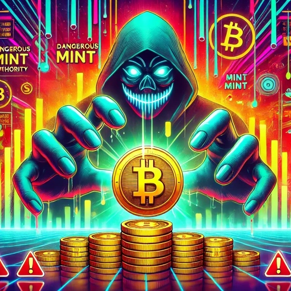 Illustration of a dangerous Mint Authority on Solana, showing a hand controlling token minting and market manipulation risks in blockchain projects