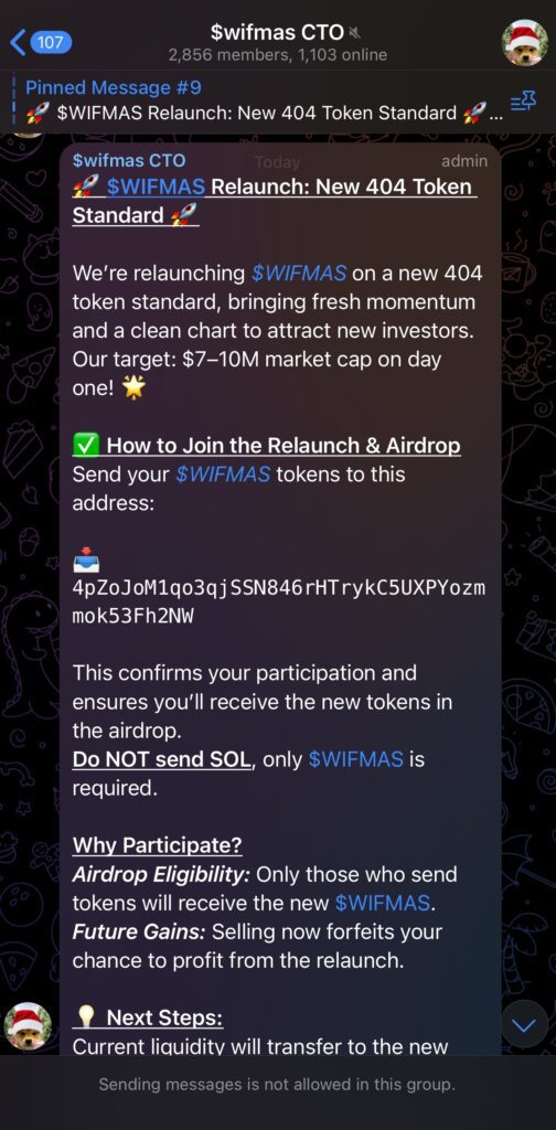 Screenshot of a scammer locking the telegram channel of a Solana coin called $Wifmas.