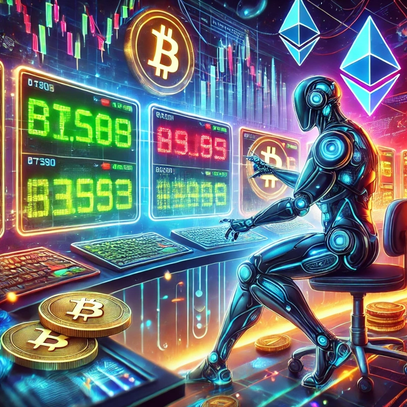 Stylized illustration of a cryptocurrency arbitrage bot interacting with two exchanges showing different Bitcoin prices in a high-tech digital environment.