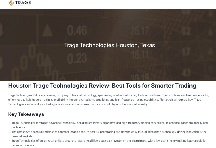 Screenshot of Trage Technologies Limited website, a cryptocurrency platform accused of fraud, showing its misleading claims and branding.
