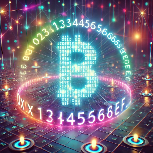 A vibrant digital illustration of a cryptocurrency contract address with neon alphanumeric characters glowing against a futuristic blockchain-themed background of interconnected nodes and geometric patterns.