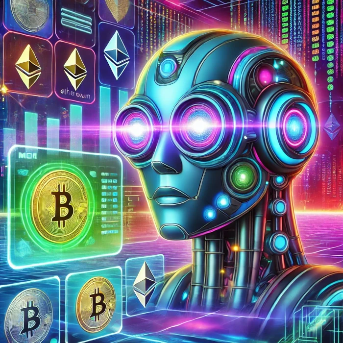 A vibrant depiction of an MEV bot scanning the MEM pool, showcasing its role in front-running transactions in crypto. Keywords include "What are MEV bots in crypto," "What are MEV bots Solana," and "What are MEV bots Ethereum."