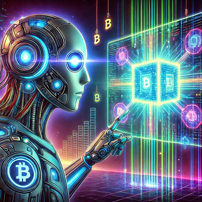 A futuristic bot analyzing a glowing mempool hologram, symbolizing how bots monitor blockchain transactions for front-running opportunities