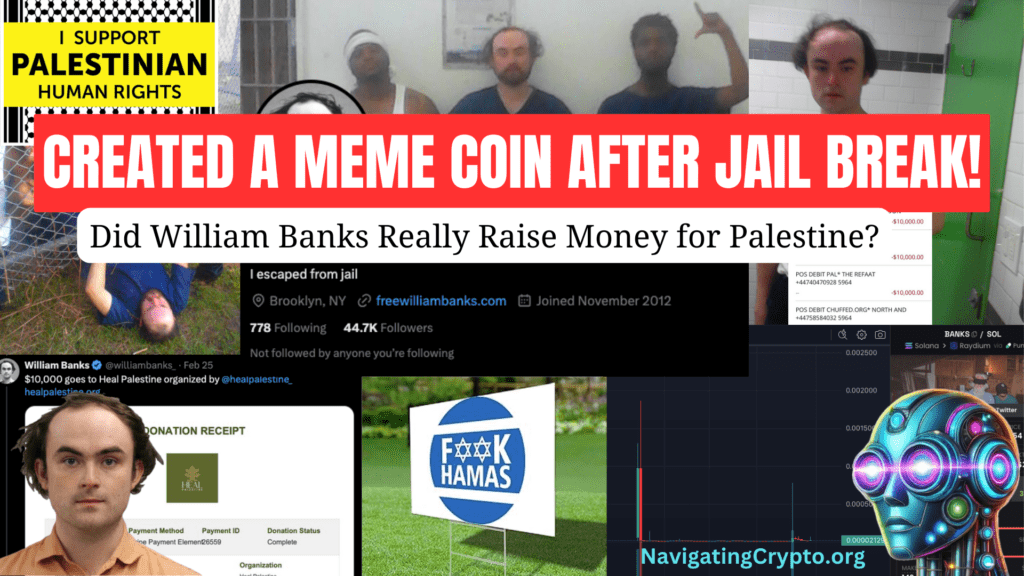 A collage of William Banks’ viral tweets, a DexScreener chart, and related images from his crypto hoax scandal.