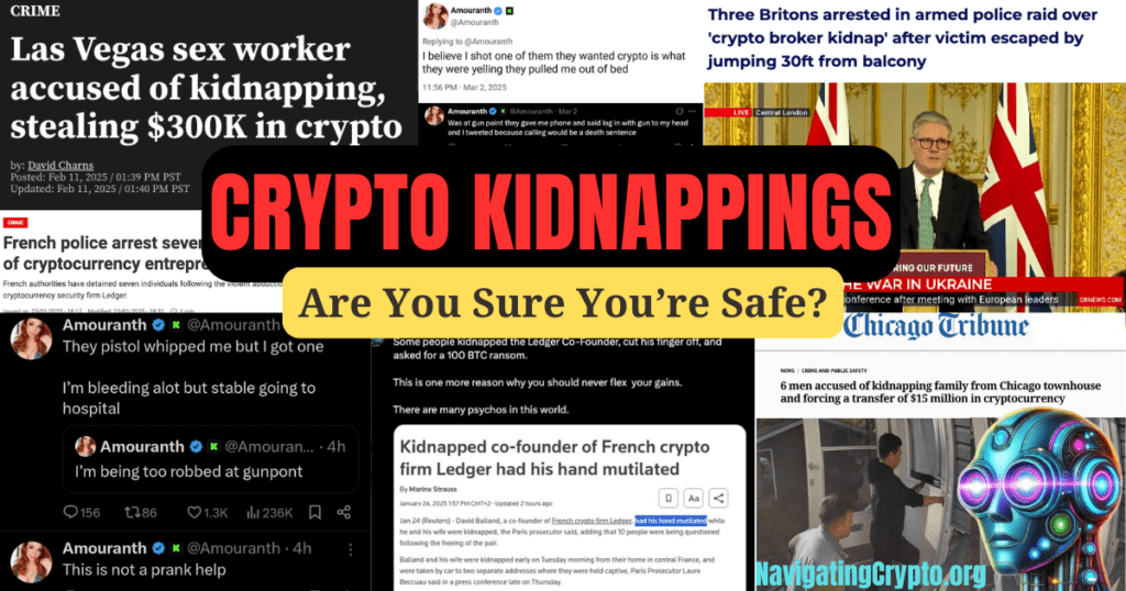 Collage of news articles and tweets about cryptocurrency kidnappings and robberies.