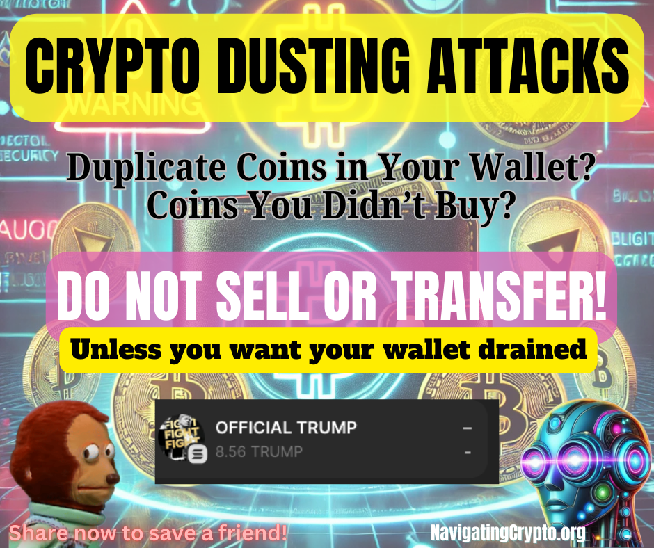 Infographic warning about dusting attacks in crypto wallets—random coins you didn't buy could be a scam.