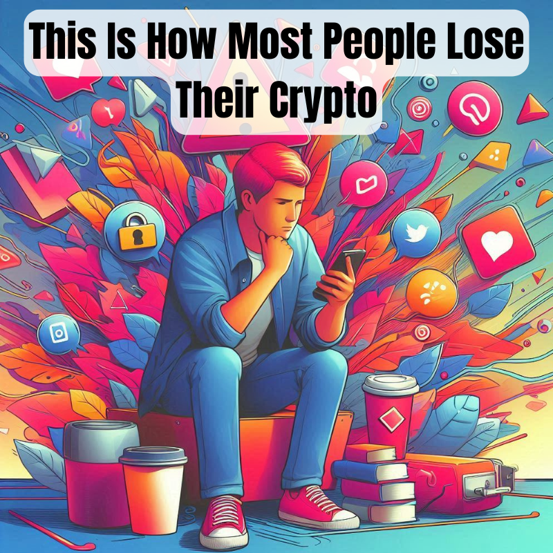 A man sitting down, scrolling through social media on his phone, unaware of crypto scam warnings around him. Text overlay: “This Is How Most People Lose Their Crypto