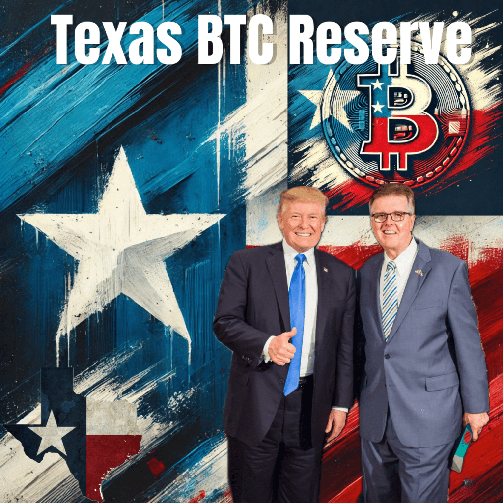 Texas State Flag with the title "Texas Bitcoin Reserve" alongside images of Governor of Texas and Donald Trump, highlighting their support for the state's Bitcoin reserve initiative.