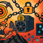Futuristic mining rig solving cryptographic puzzles to unlock Bitcoin, with glowing blockchain cubes in the background