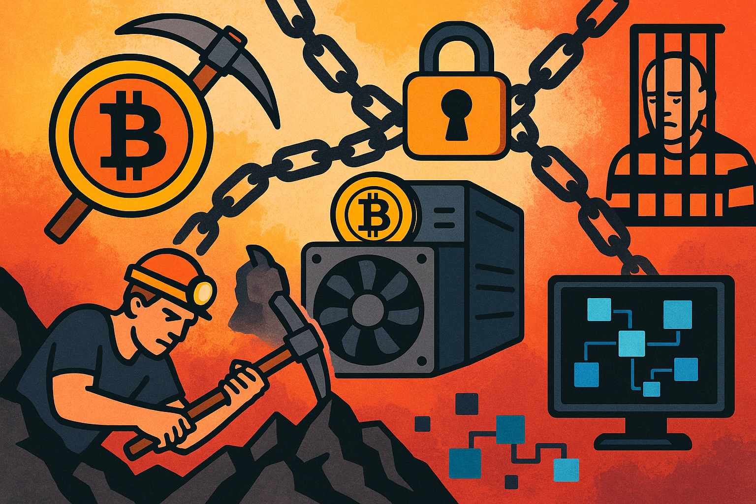 Futuristic mining rig solving cryptographic puzzles to unlock Bitcoin, with glowing blockchain cubes in the background