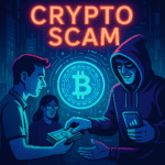 Vibrant image showing emotional reaction to cryptocurrency scam involving fake investment platform and financial loss