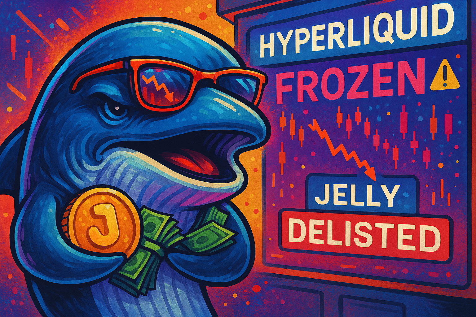 A powerful crypto whale in sunglasses sells off JELLY tokens on the Hyperliquid DEX, triggering a red candlestick crash and token delisting warnings.