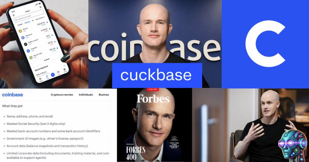 Coinbase logo with security breach warning, representing the 2025 data breach incident involving insider threats and stolen customer information