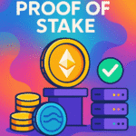 Illustration of Ethereum's Proof of Stake system with validators, staking vaults, and a decentralized network background