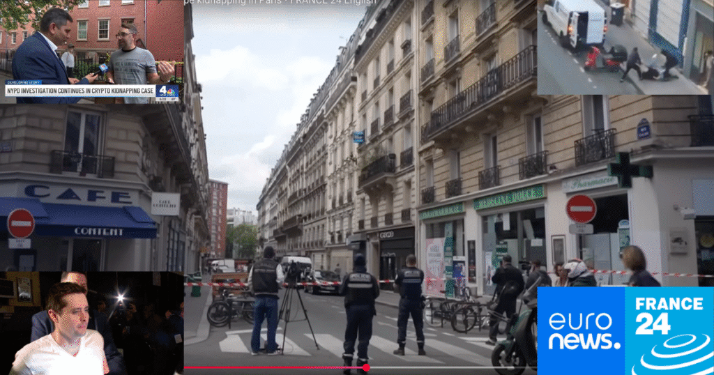 Image collage showing attempted cryptocurrency kidnapping in Paris and suspect being arrested in New York City crypto ransom case
