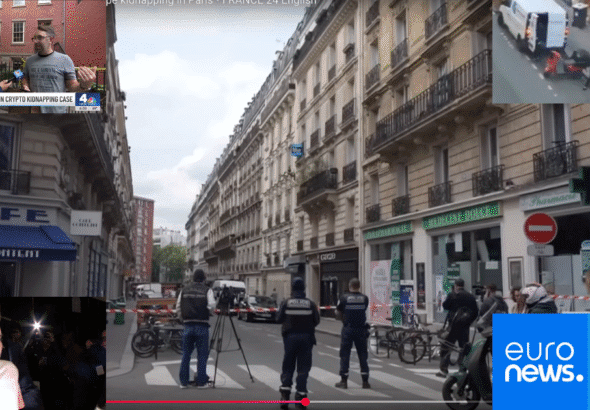 Image collage showing attempted cryptocurrency kidnapping in Paris and suspect being arrested in New York City crypto ransom case